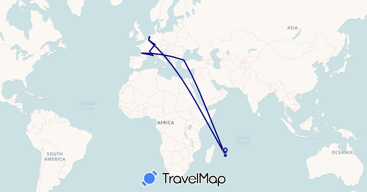 TravelMap itinerary: driving in Belgium, Germany, France, Mauritius, Netherlands, Turkey (Africa, Asia, Europe)